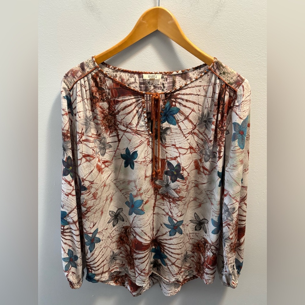 MAHILA Floral Print Blouse S Tassel Tie Neck Boho 100% Modal Peasant Sleeves